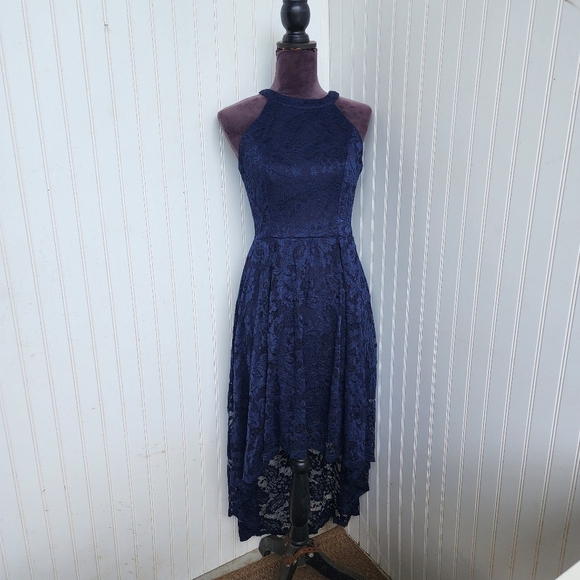DressyStar Womens Halter Floral Lace Hi-Lo Party Dress Navy M Blue Sleeveless - Picture 1 of 14